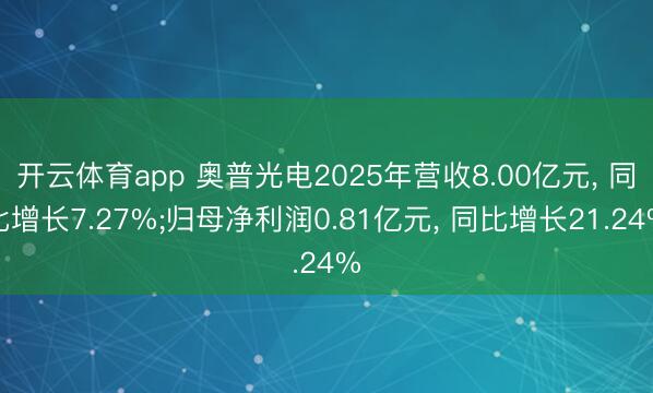 开云体育app 奥普光电2025年营收8.00亿元， 同比增长7.27%;归母净利润0.81亿元， 同比增长21.24%